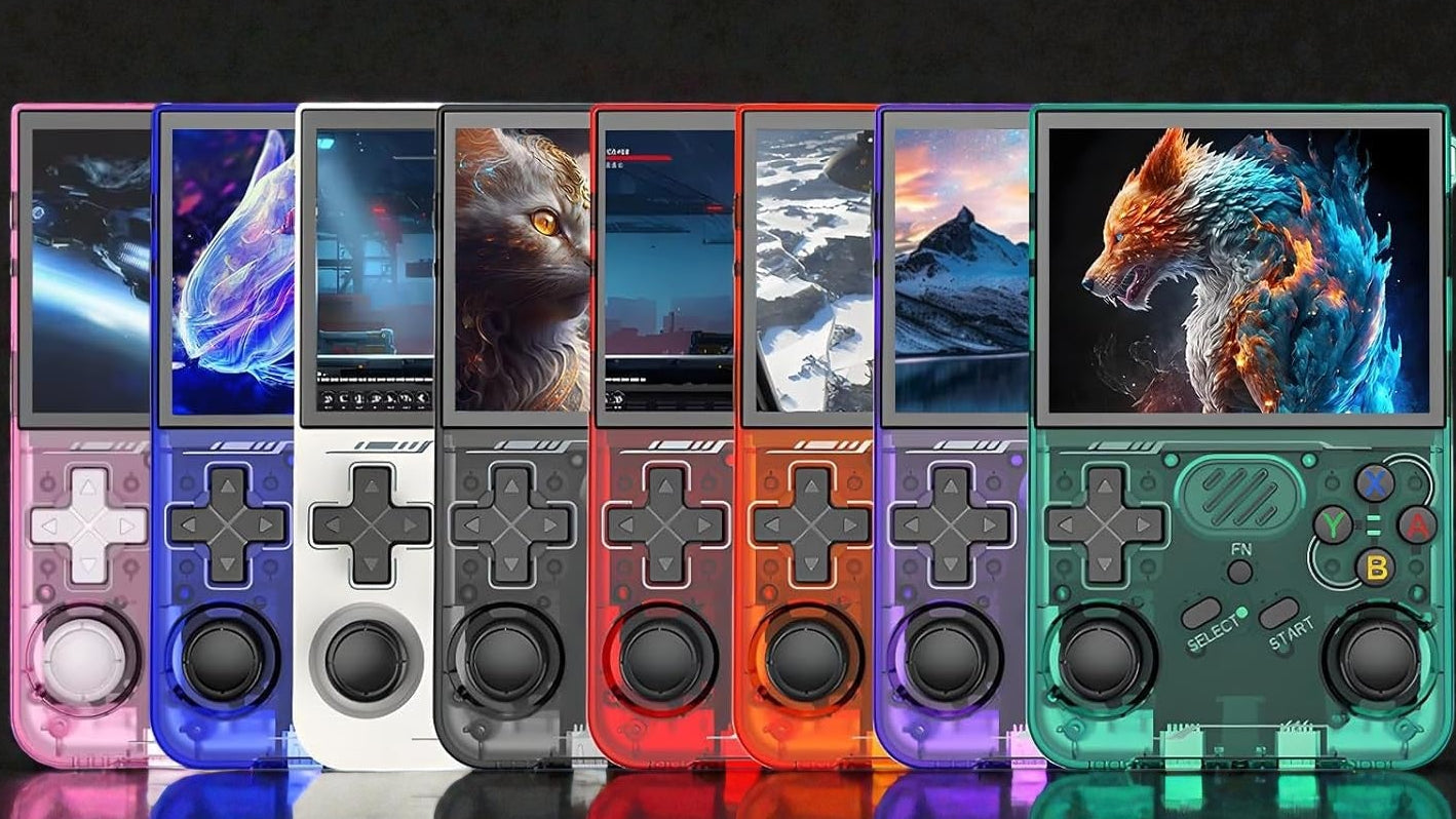 Collection of colorful handheld gaming consoles with different screen displays on a black background